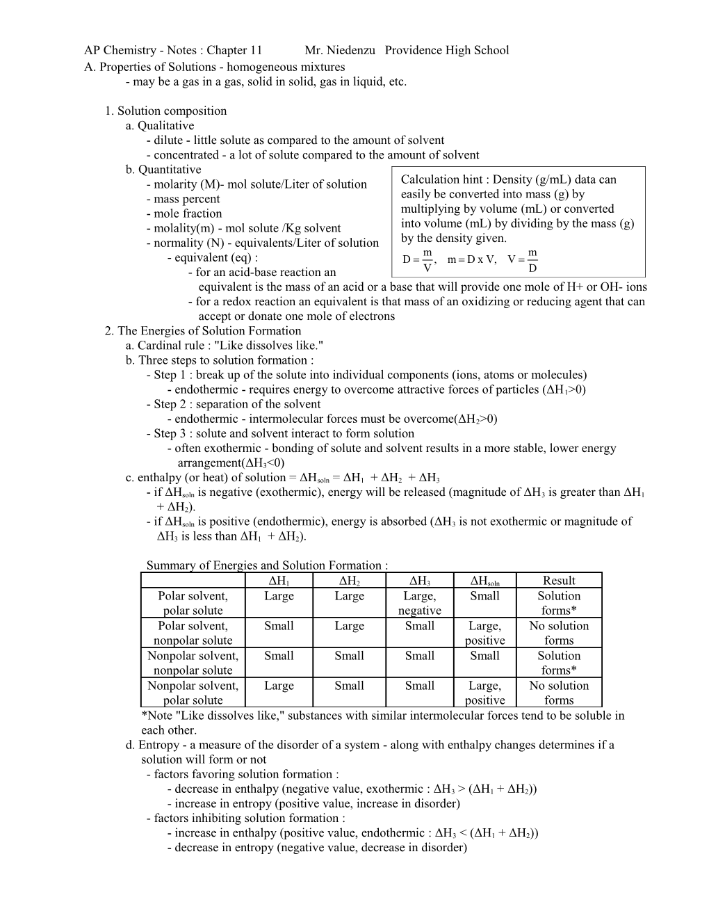 AP Chemistry - Notes : Chapter 11 Mr. Niedenzu Providence High School