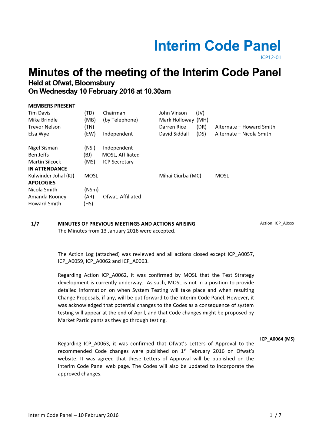 Minutes of the Meeting of the Interim Code Panel