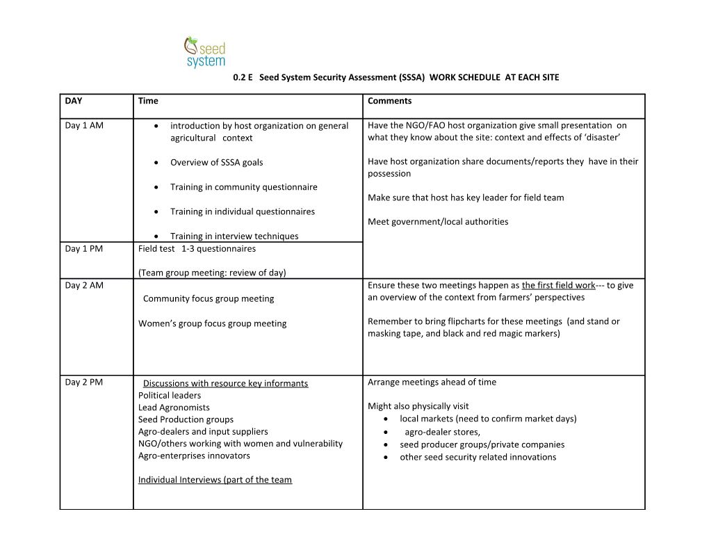 0.2 E Seed System Security Assessment (SSSA) WORK SCHEDULE at EACH SITE