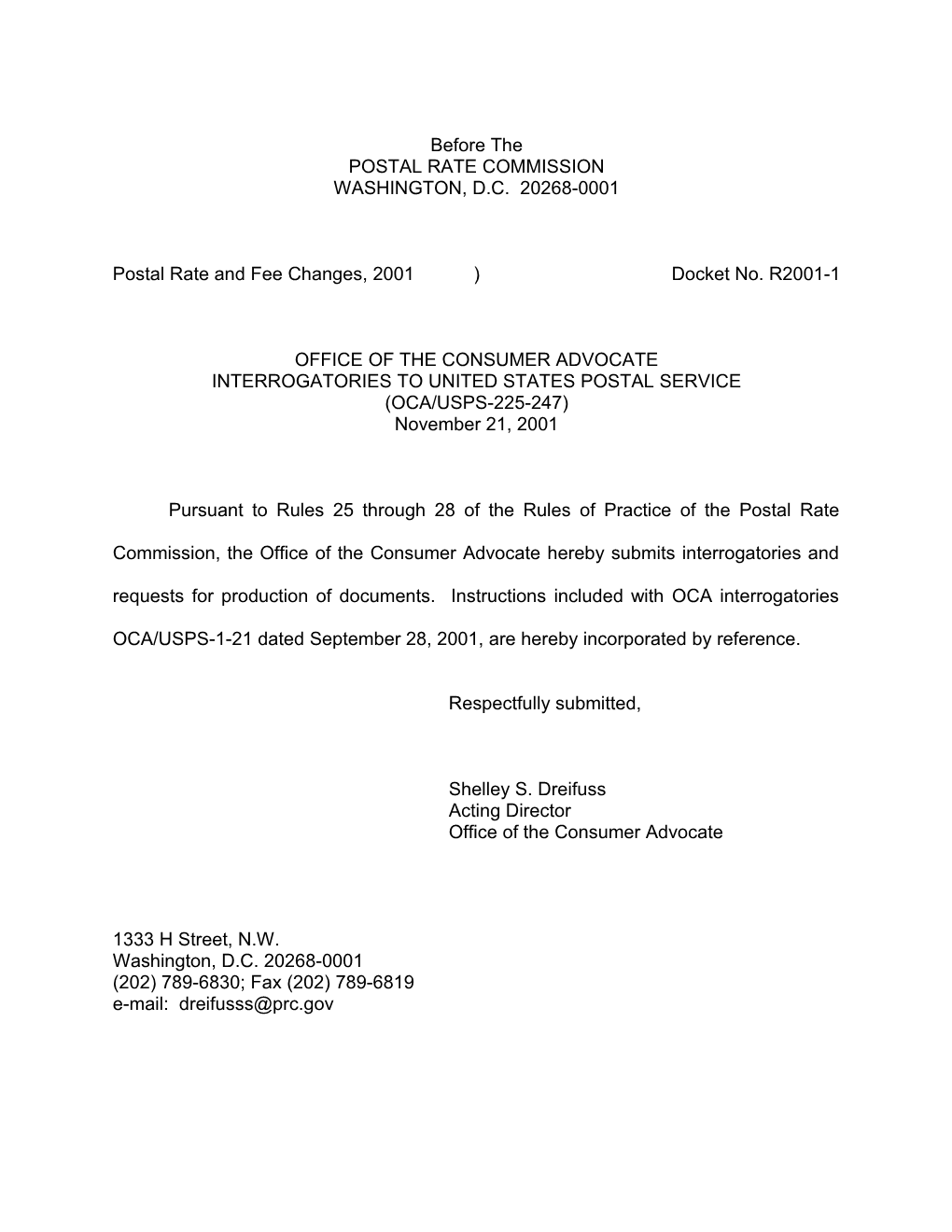 Postal Rate and Fee Changes, 2001 ) Docket No. R2001-1