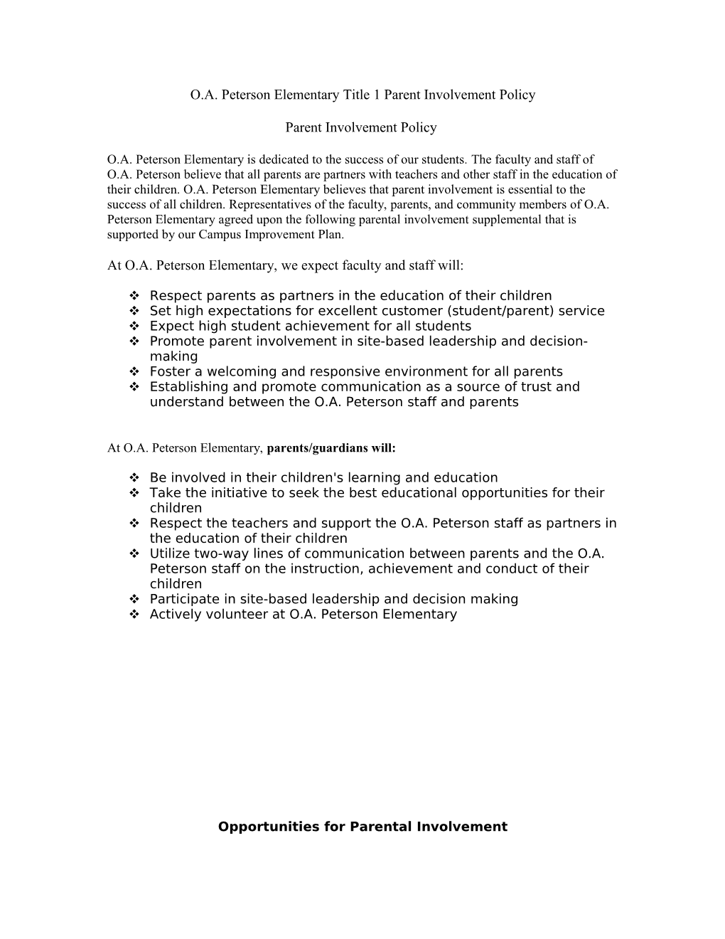 O.A. Peterson Elementary Title 1 Parent Involvement Policy
