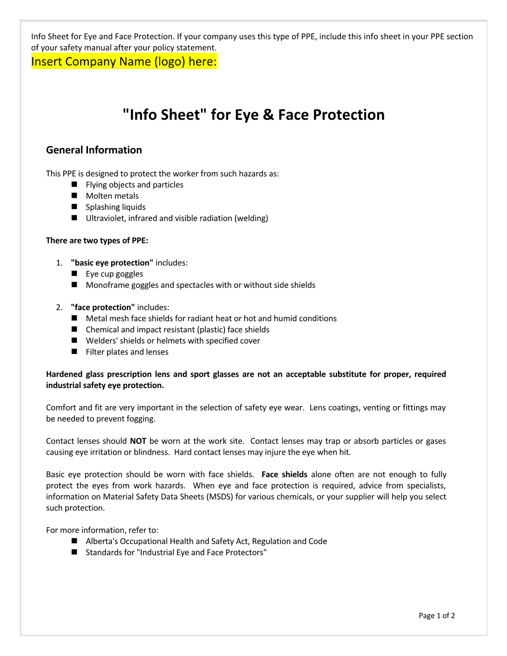 Info Sheet for Eye & Face Protection