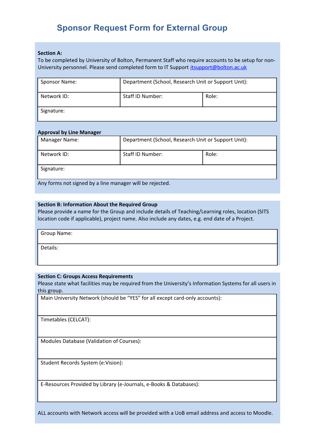 Sponsor Request Form for External Group