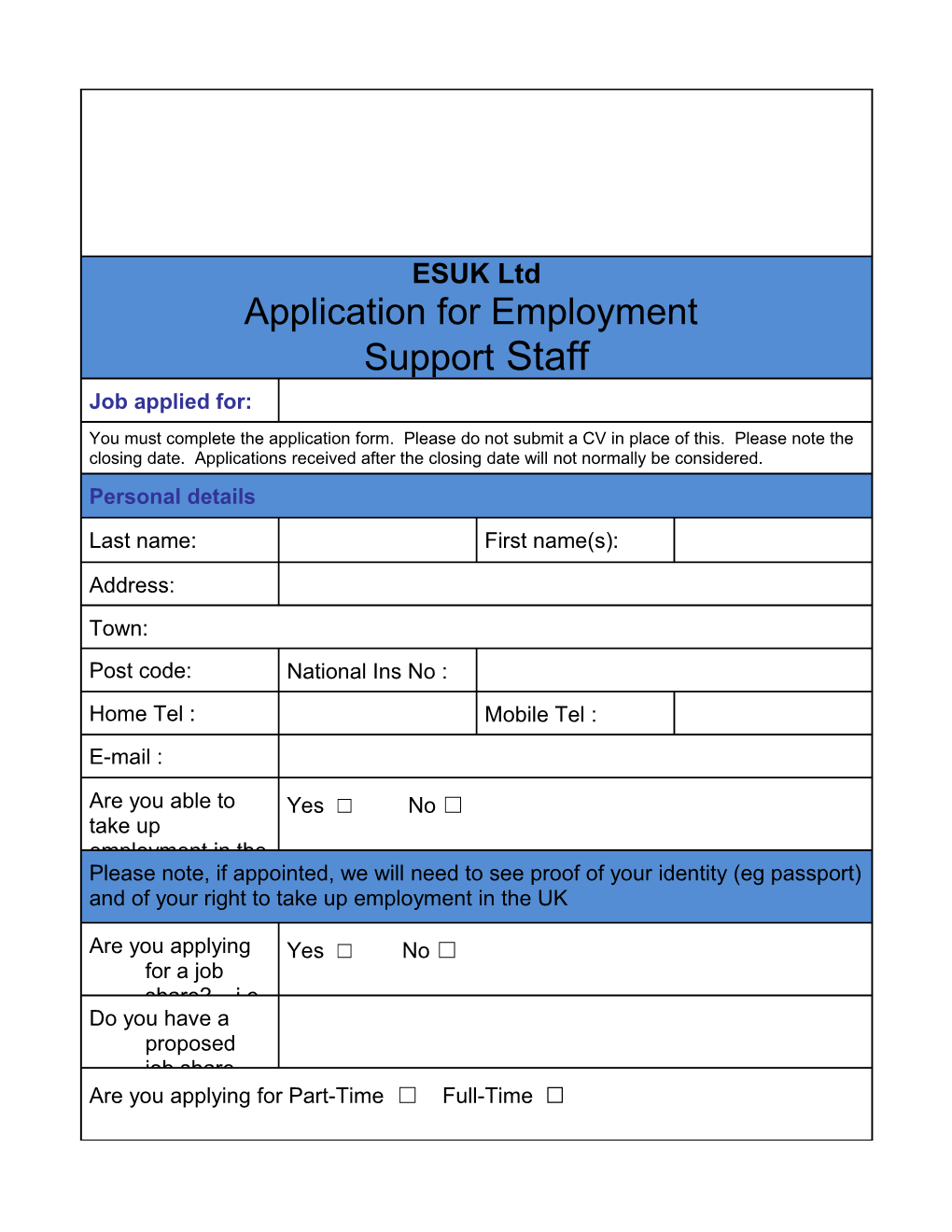 Word Application Form