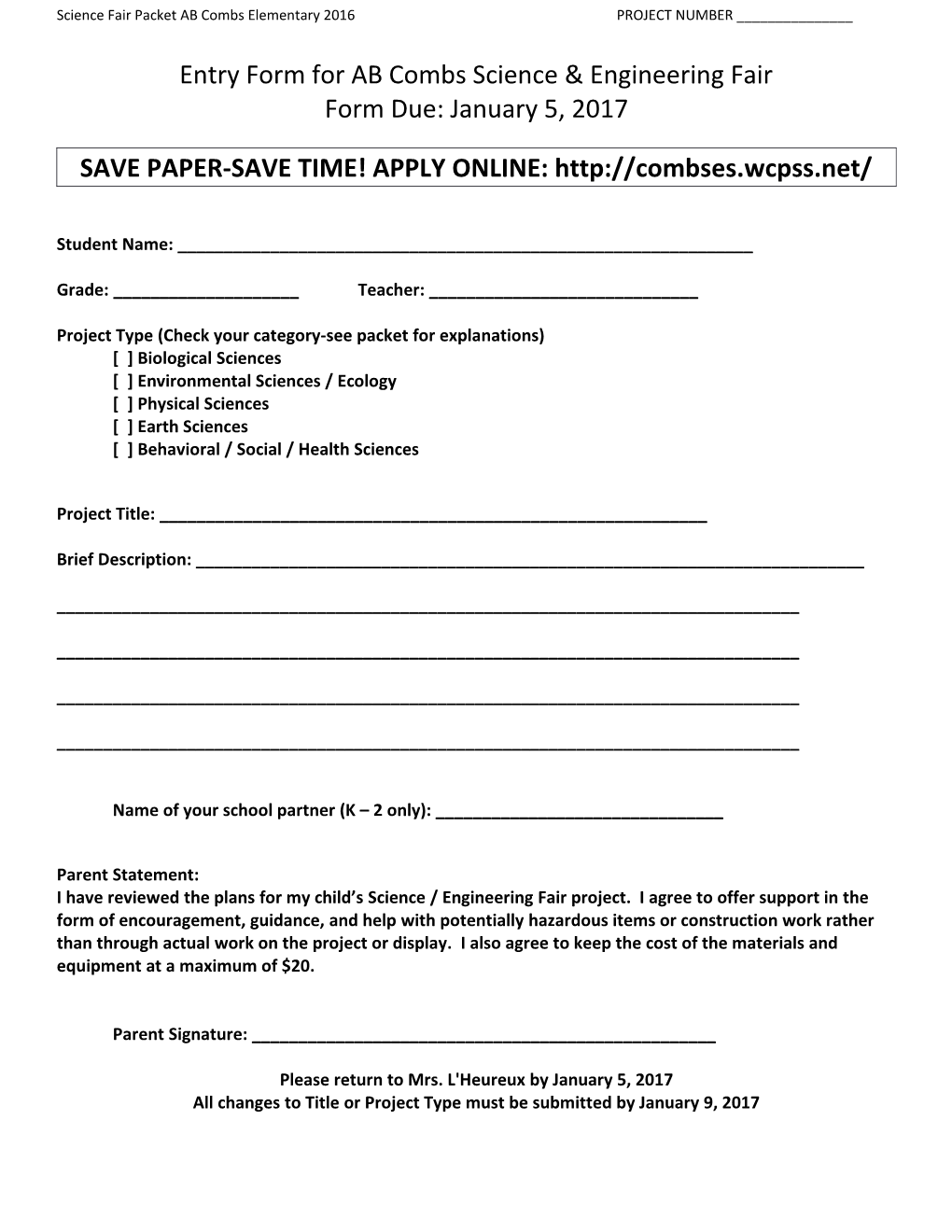 Entry Form for AB Combs Science/Math Fair