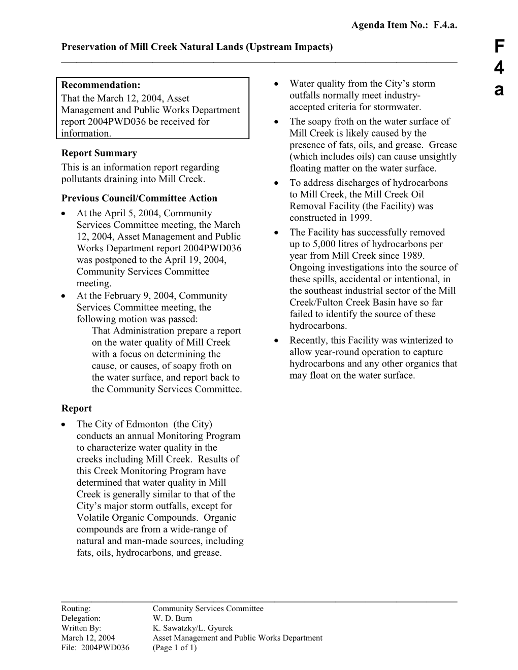 Report for Community Services Committee April 19, 2004 Meeting