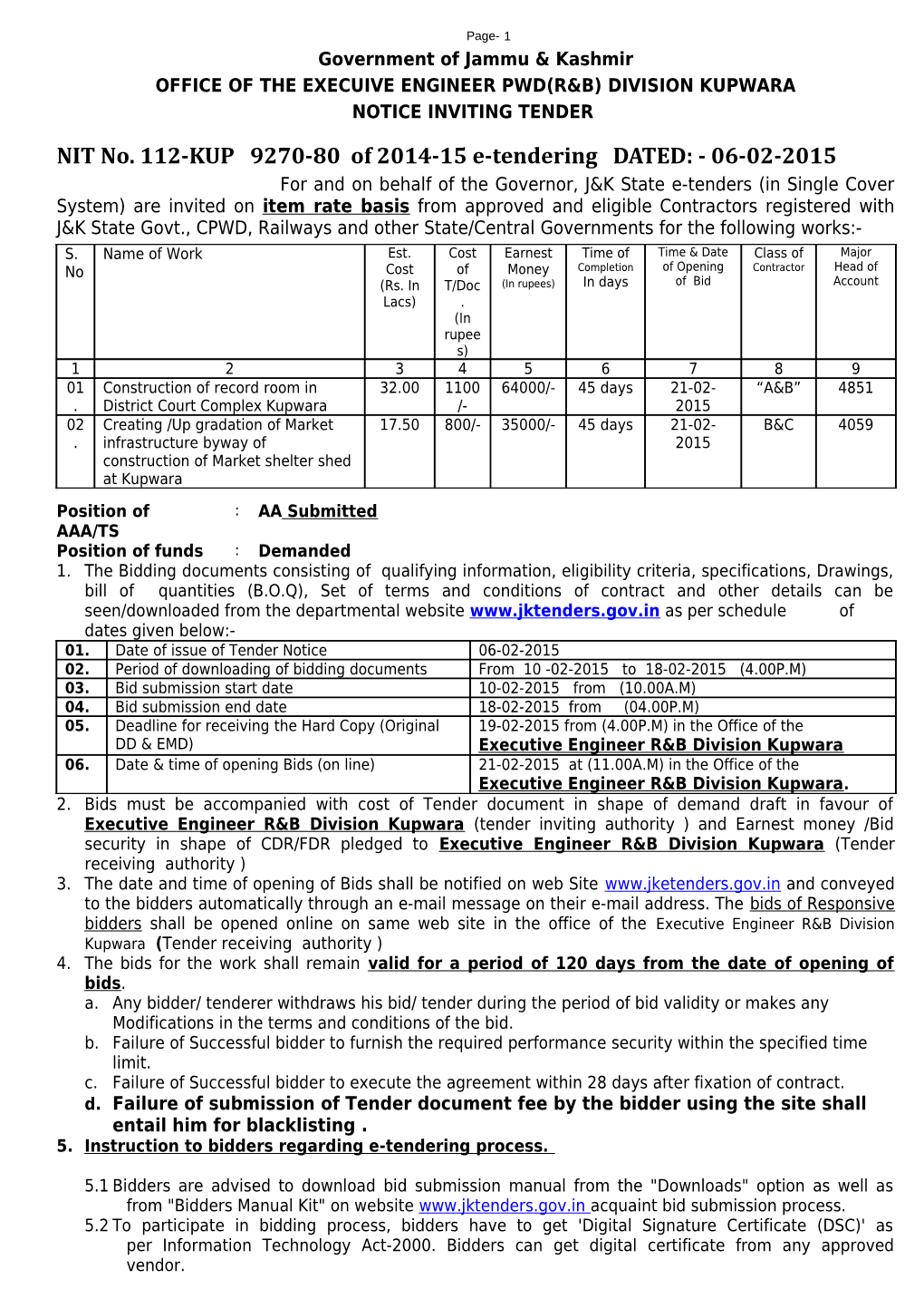 For and on Behalf of the Governor, J&K State E-Tenders (In Two Cover System) Are Invited