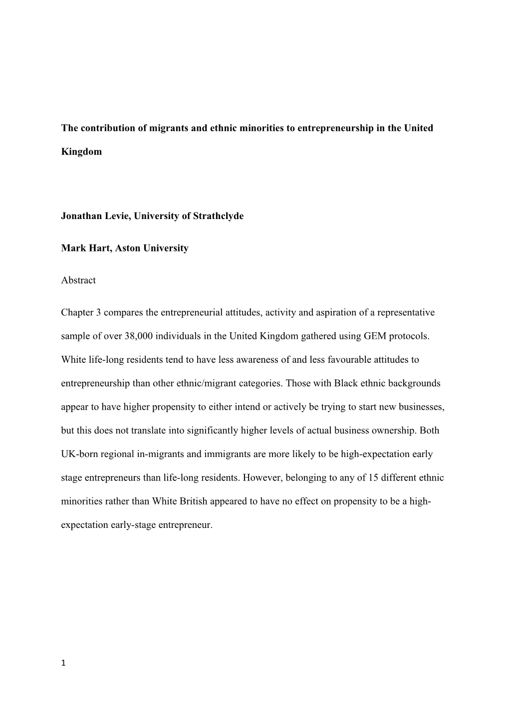 The Contribution of Migrants and Ethnic Minorities to Entrepreneurship in the UK