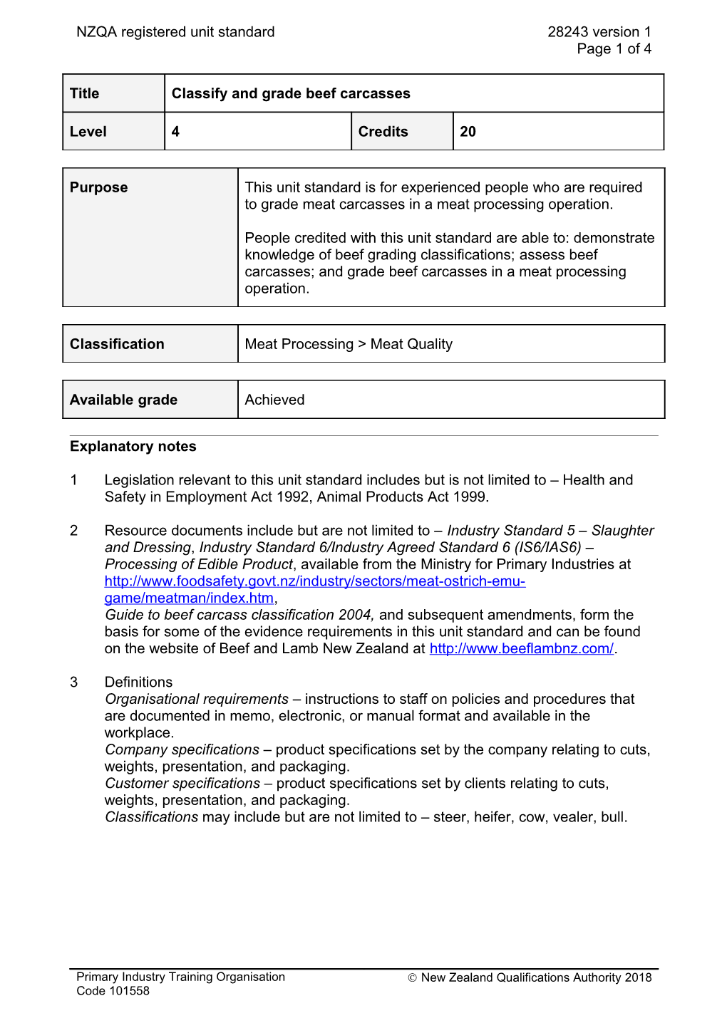 28243 Classify and Grade Beef Carcasses