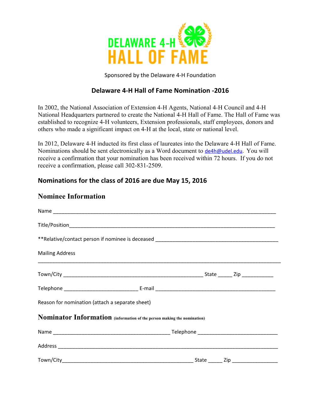 Delaware 4-H Hall of Fame Nomination -2016