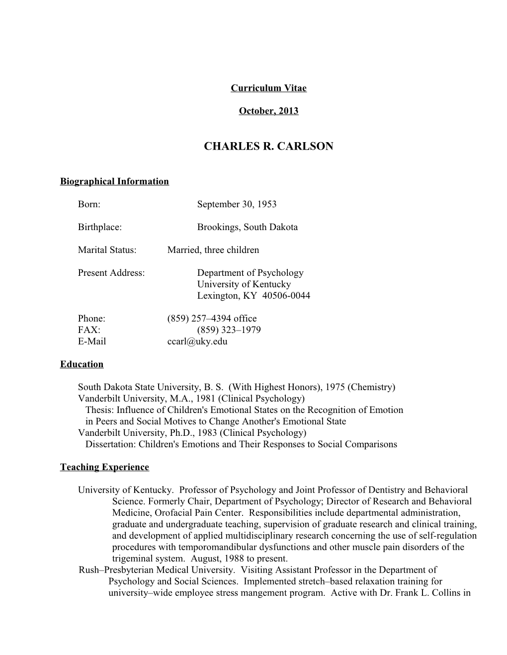 Curriculum Vitae: Charles R. Carlson