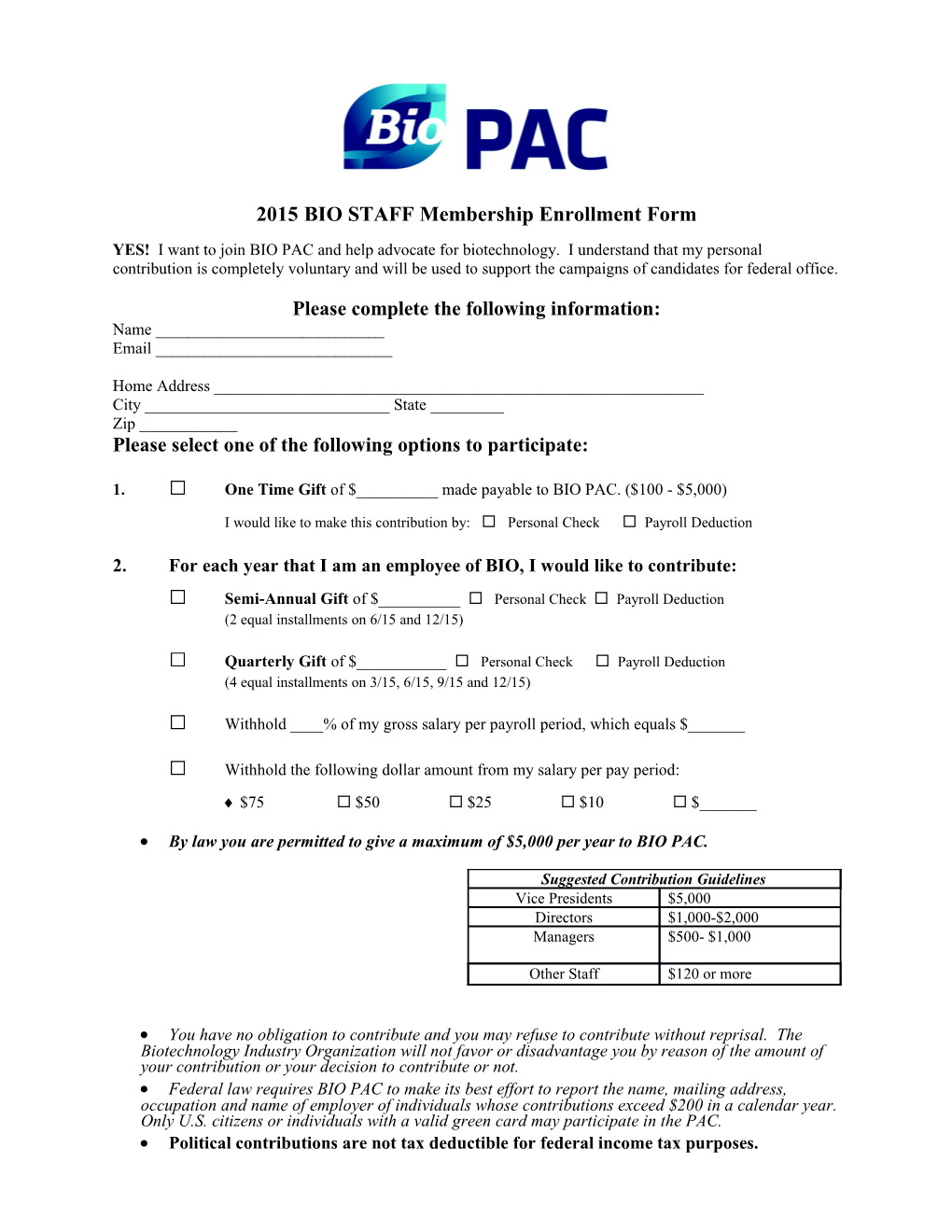 2015 BIO STAFF Membership Enrollment Form
