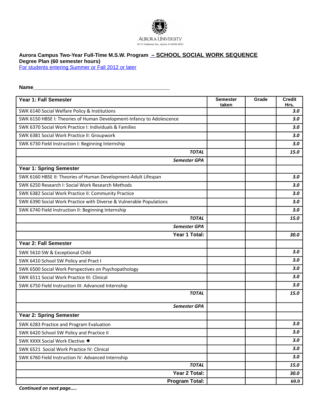 Aurora Campus Two-Year Full-Time M.S.W. Program SCHOOL SOCIAL WORK SEQUENCE