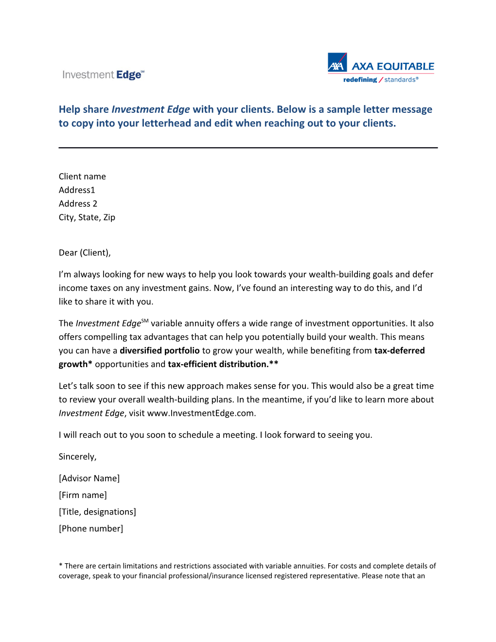 Help Share Investment Edge with Your Clients. Below Is a Sample Letter Message to Copy