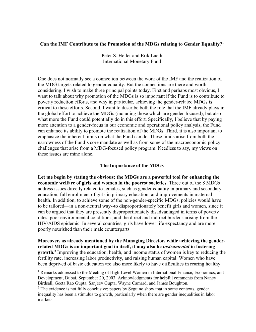 Can the IMF Contribute to the Promotion of the Mdgs Relating to Gender Equality? 1