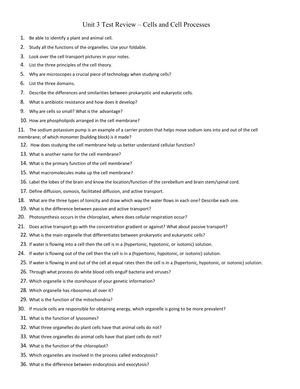 Unit 3 Test Review Cells and Cell Processes