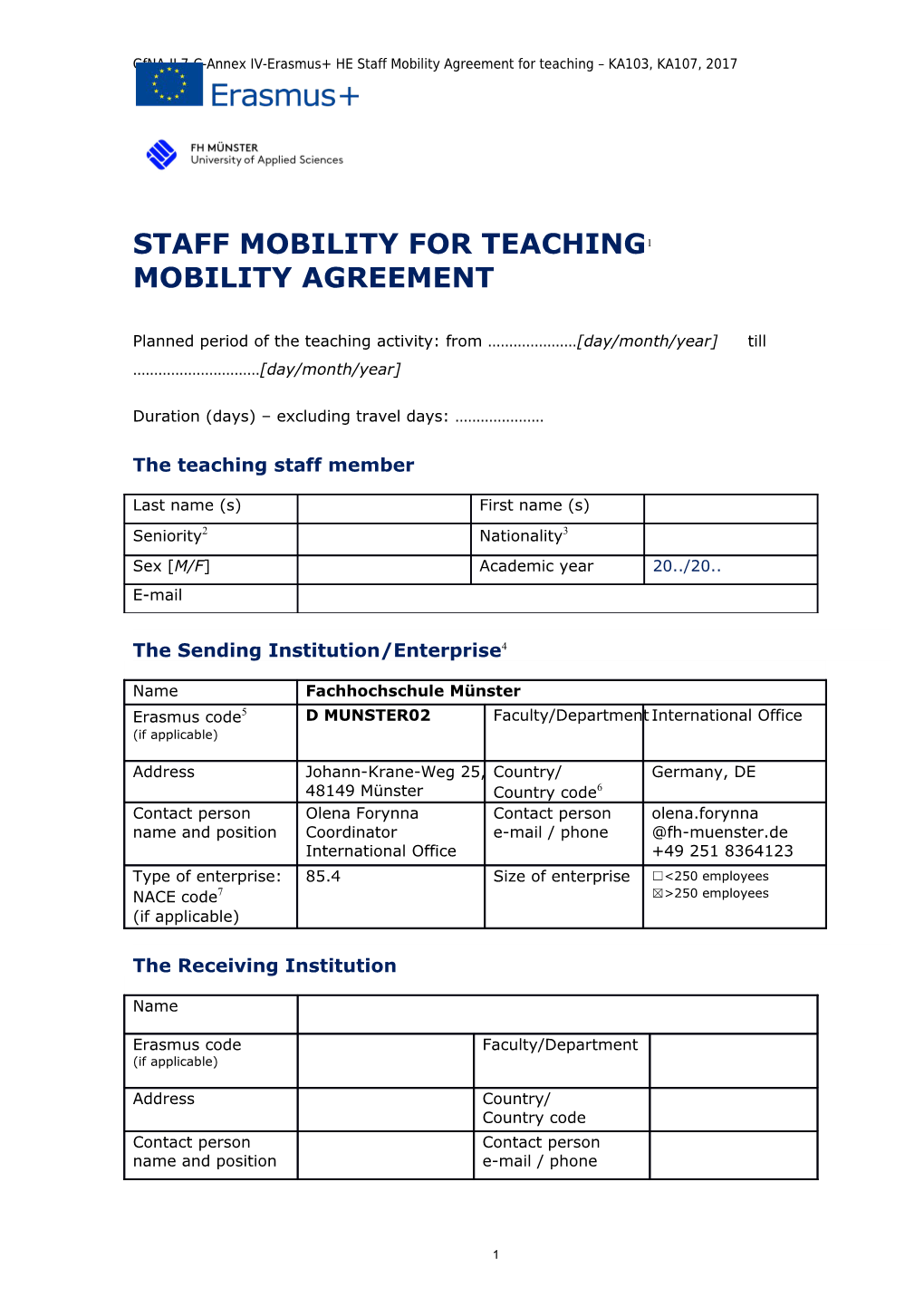 Gfna-II.7-C-Annex IV-Erasmus+ HE Staff Mobility Agreement for Teaching KA103, KA107, 2017