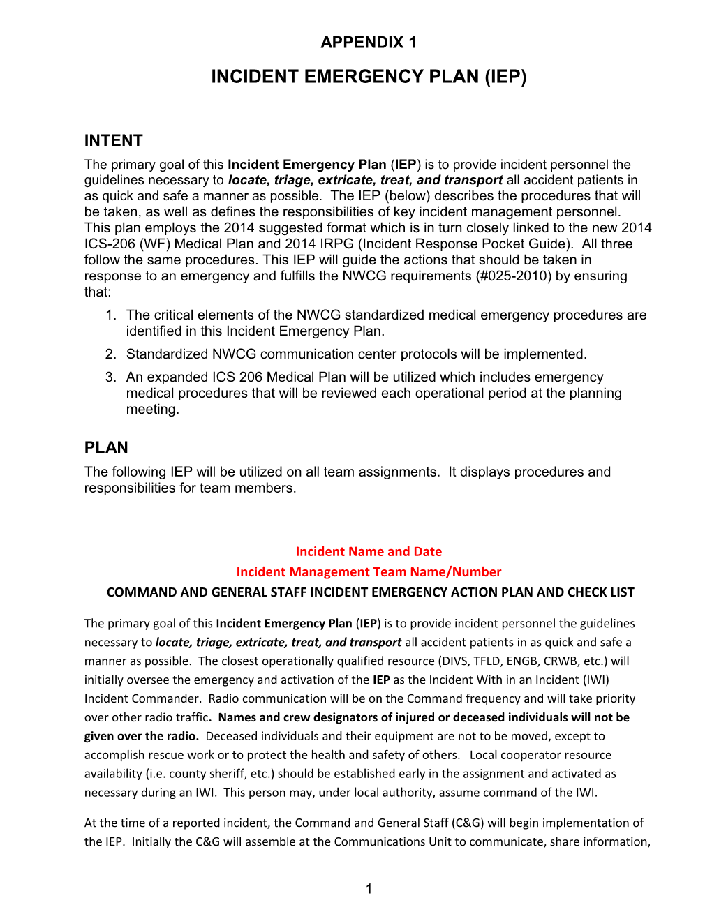 Incident Emergency Plan (Iep)