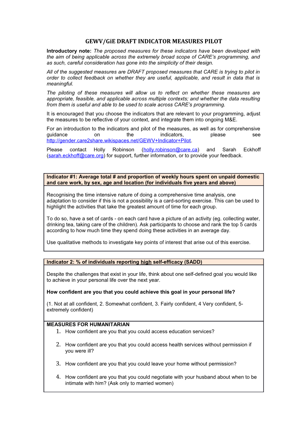 GEWV/Gie DRAFT INDICATOR MEASURES PILOT