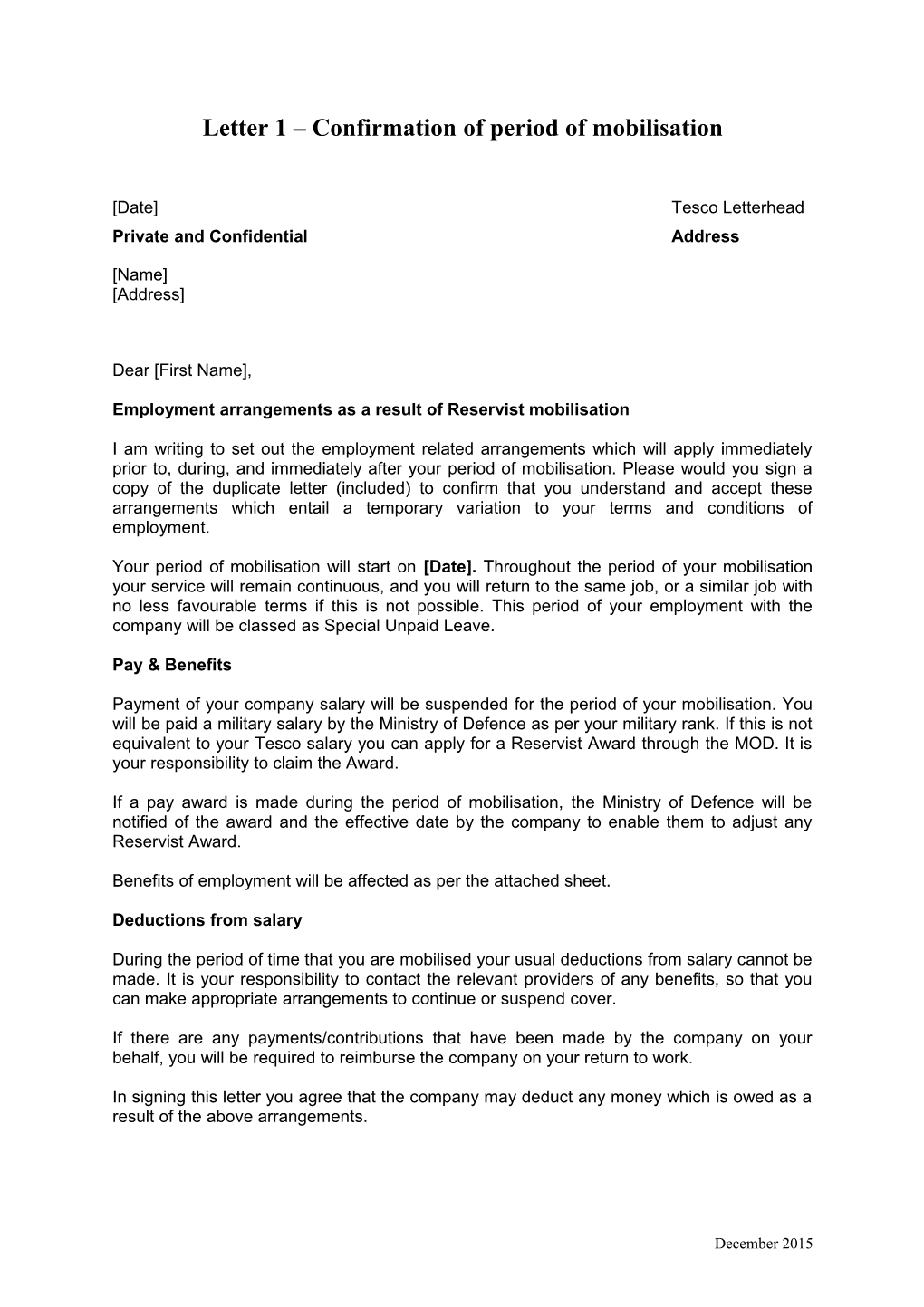 Letter 1 Confirmation of Period of Mobilisation