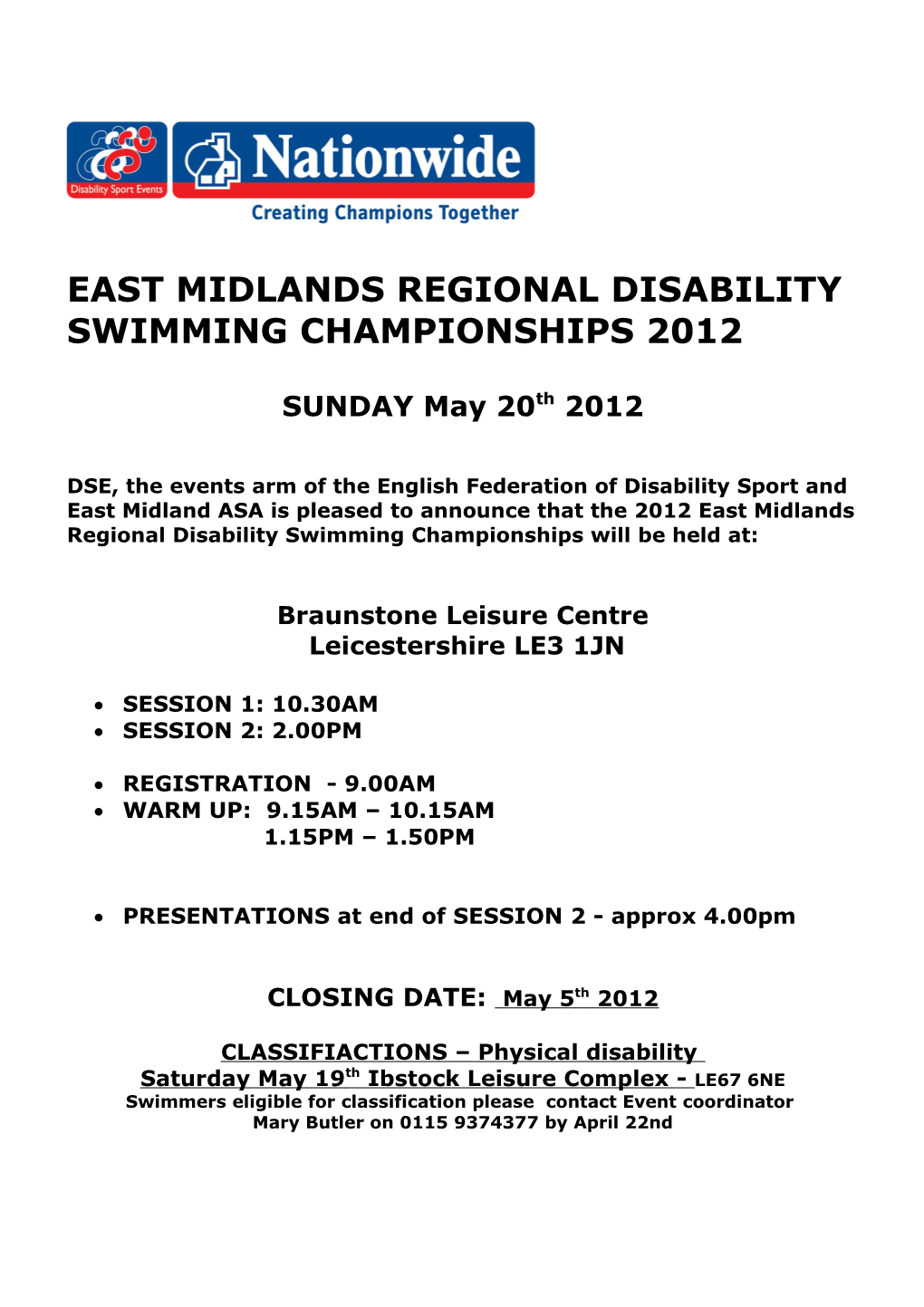 East Midlands Regional Disability Swimming Championships 2012