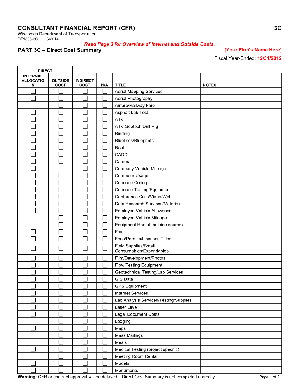 DT1865-3C Consultant Financial Report Part 3C Direct Cost Summary