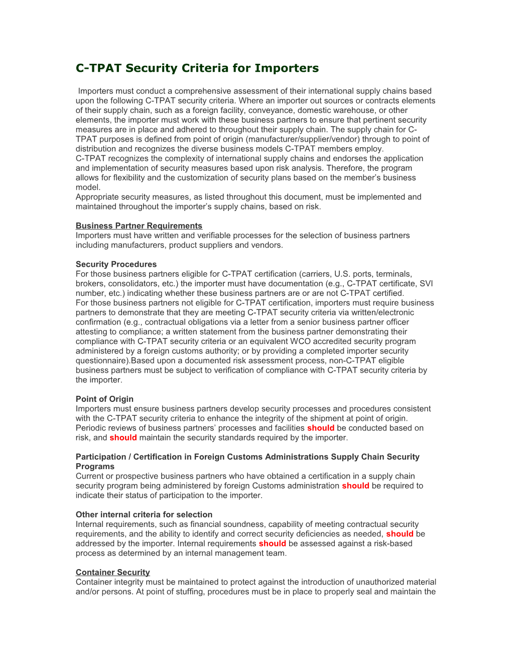 C-TPAT Partner Application for Importers - Instructions