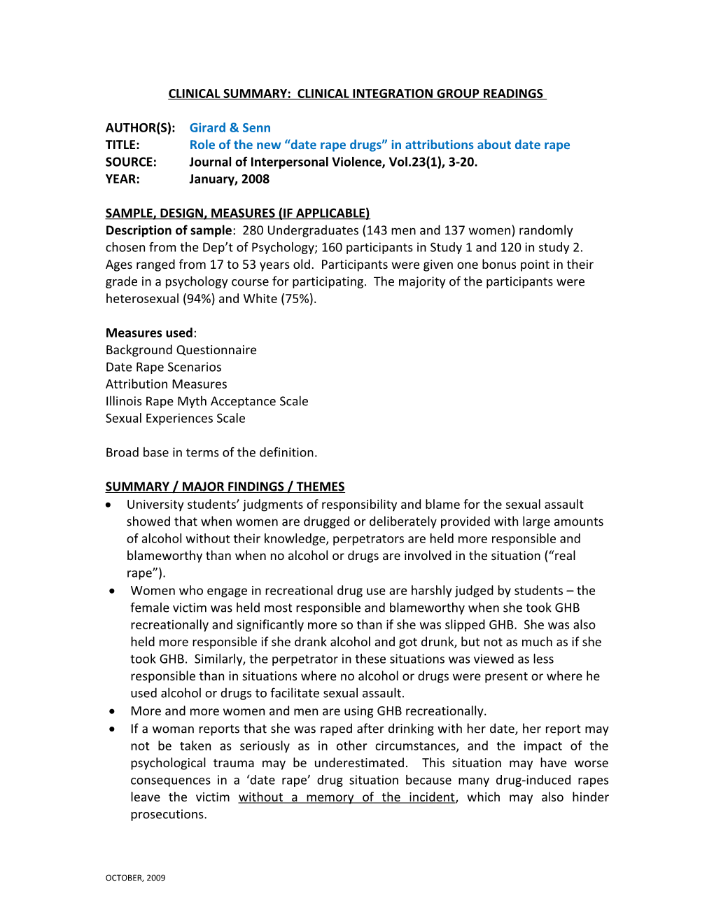 Clinical Summary: Clinical Integration Group Readings