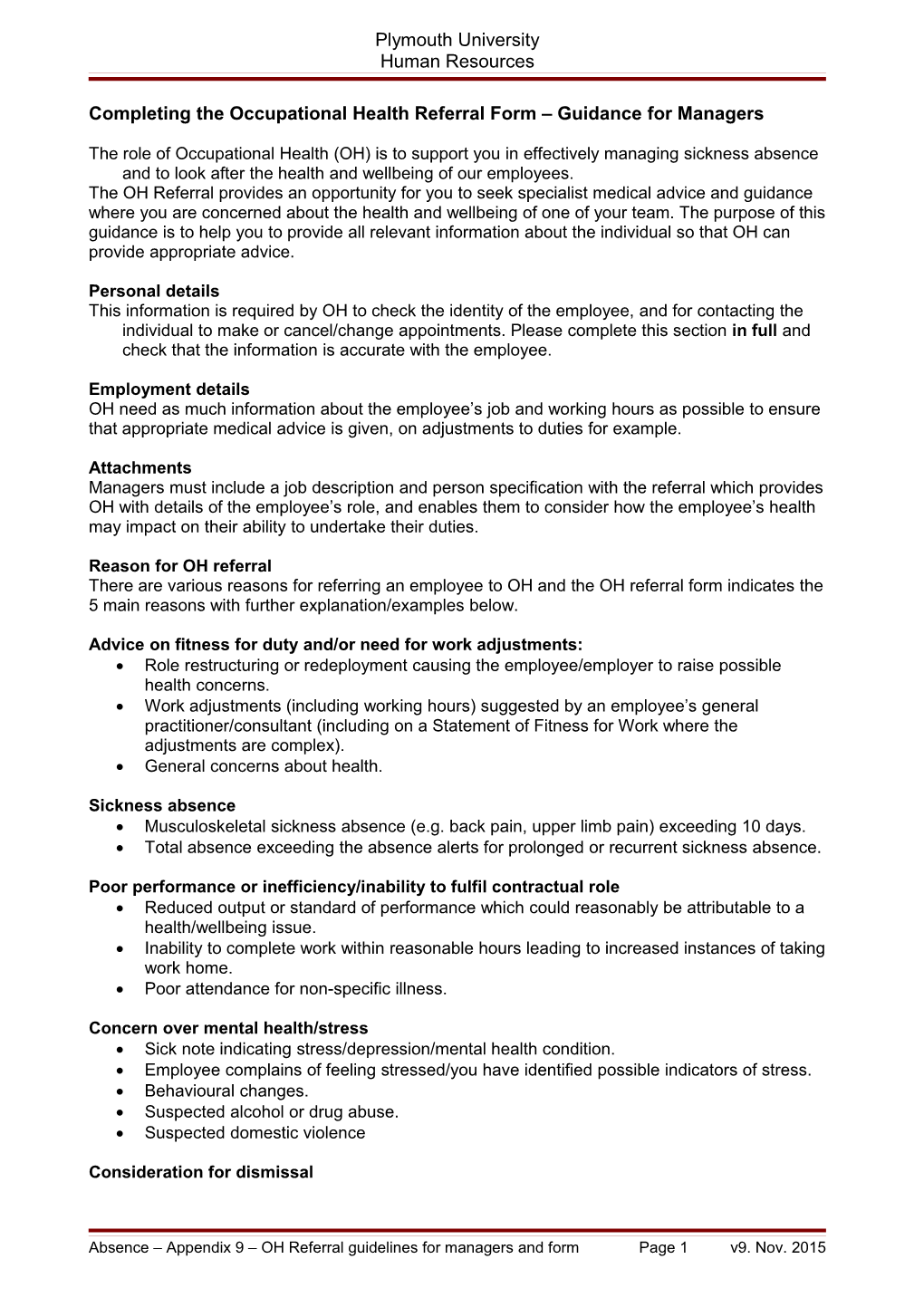 Absence - Appendix 9 Occupational Health Referral Guidelines and Form