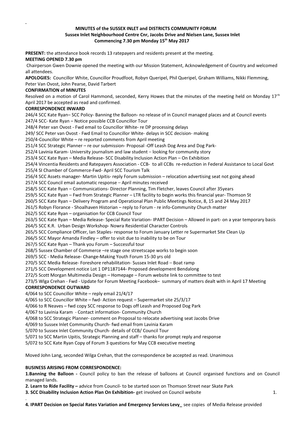 MINUTES of the SUSSEX INLET and DISTRICTSCOMMUNITY FORUM