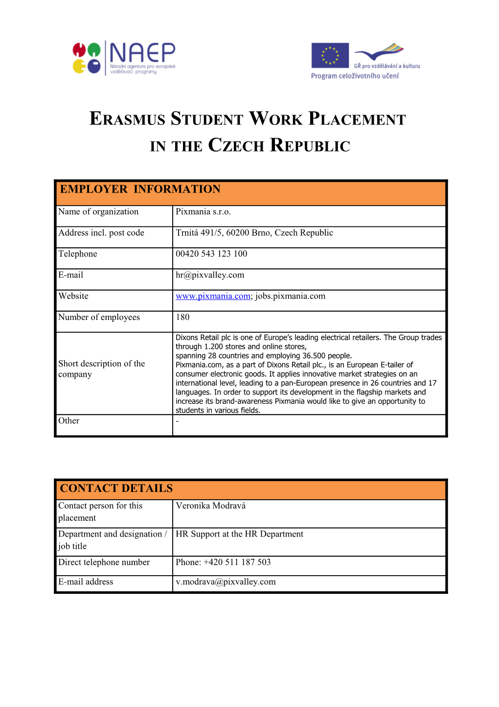 Erasmus Student Work Placement