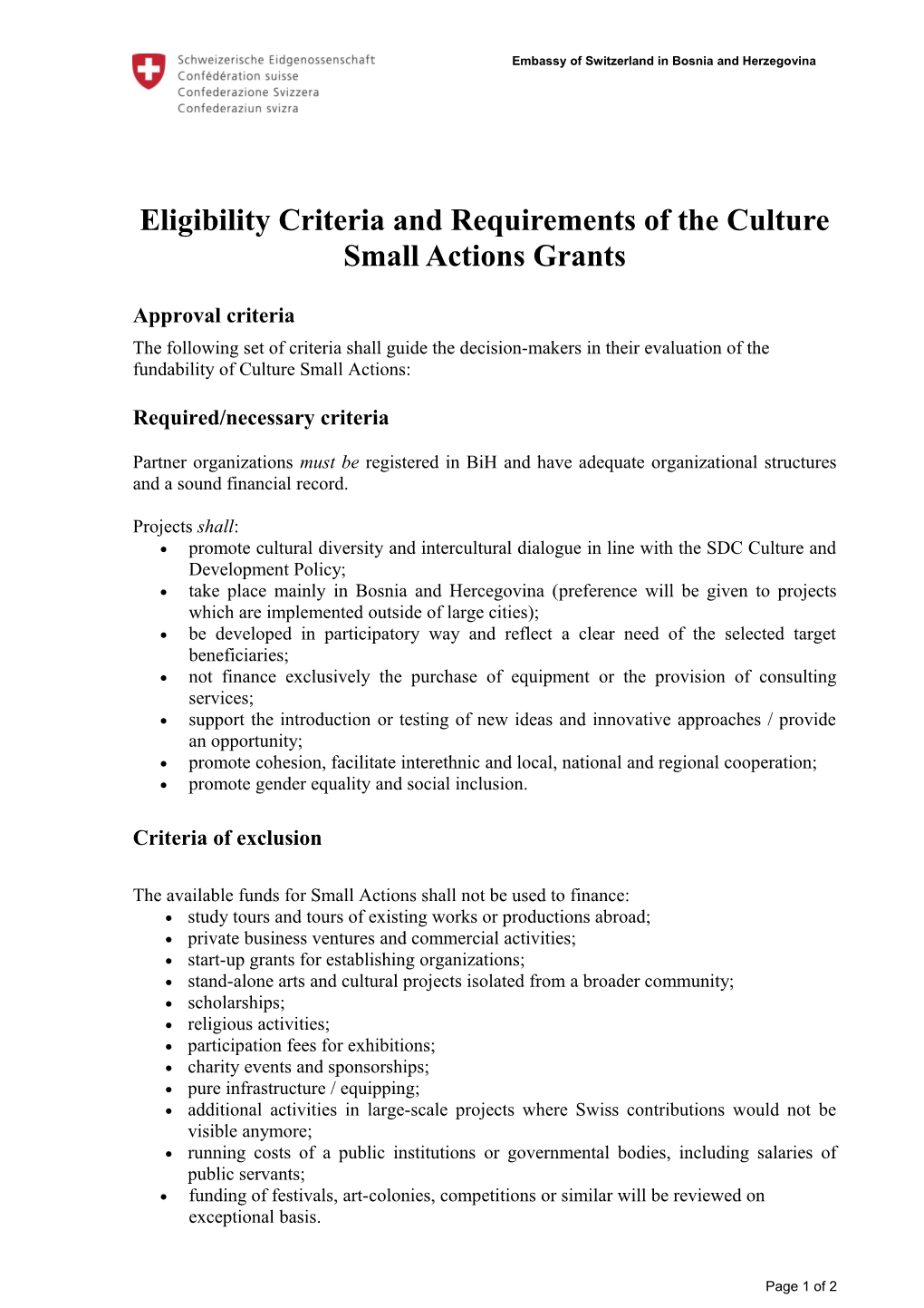 Eligibility Criteria and Requirements of the Culture Small Actions Grants