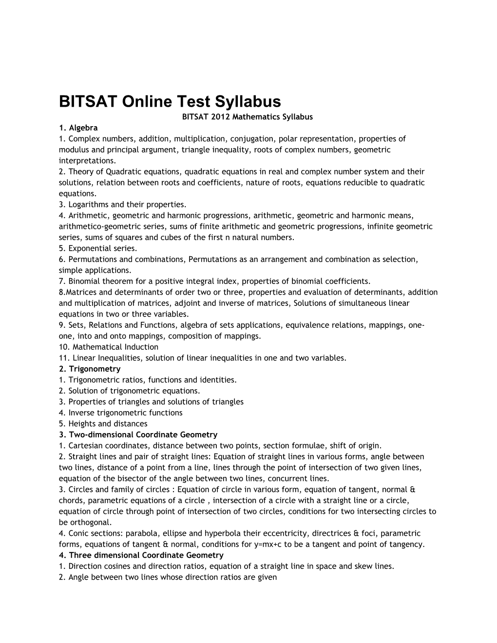 BITSAT Online Test Syllabus