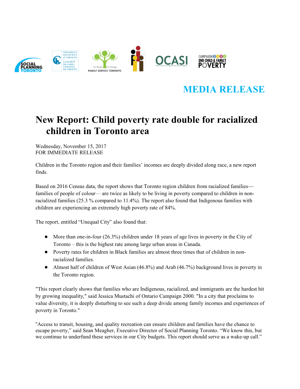 New Report: Child Poverty Rate Double for Racialized Children in Toronto Area