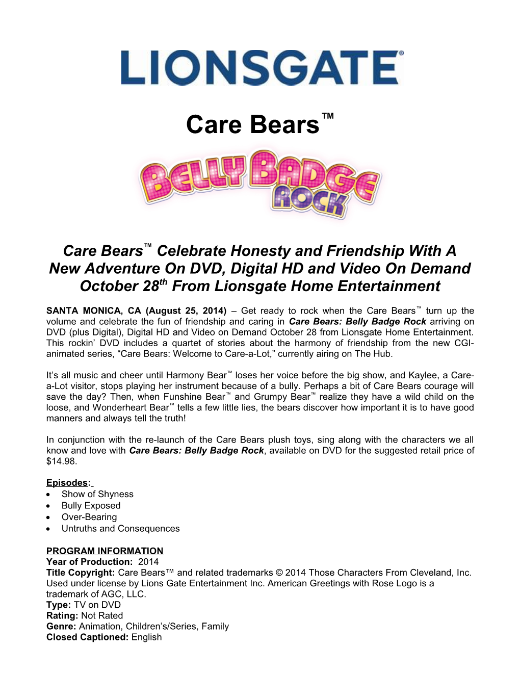 Care Bears Celebrate Honesty and Friendship with a New Adventure on DVD, Digital HD And