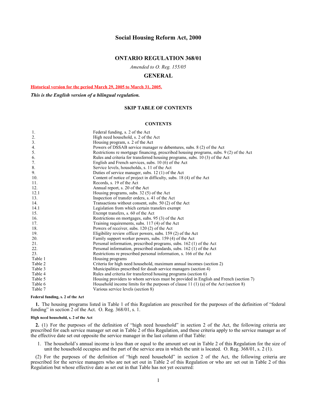 Social Housing Reform Act, 2000 - O. Reg. 368/01