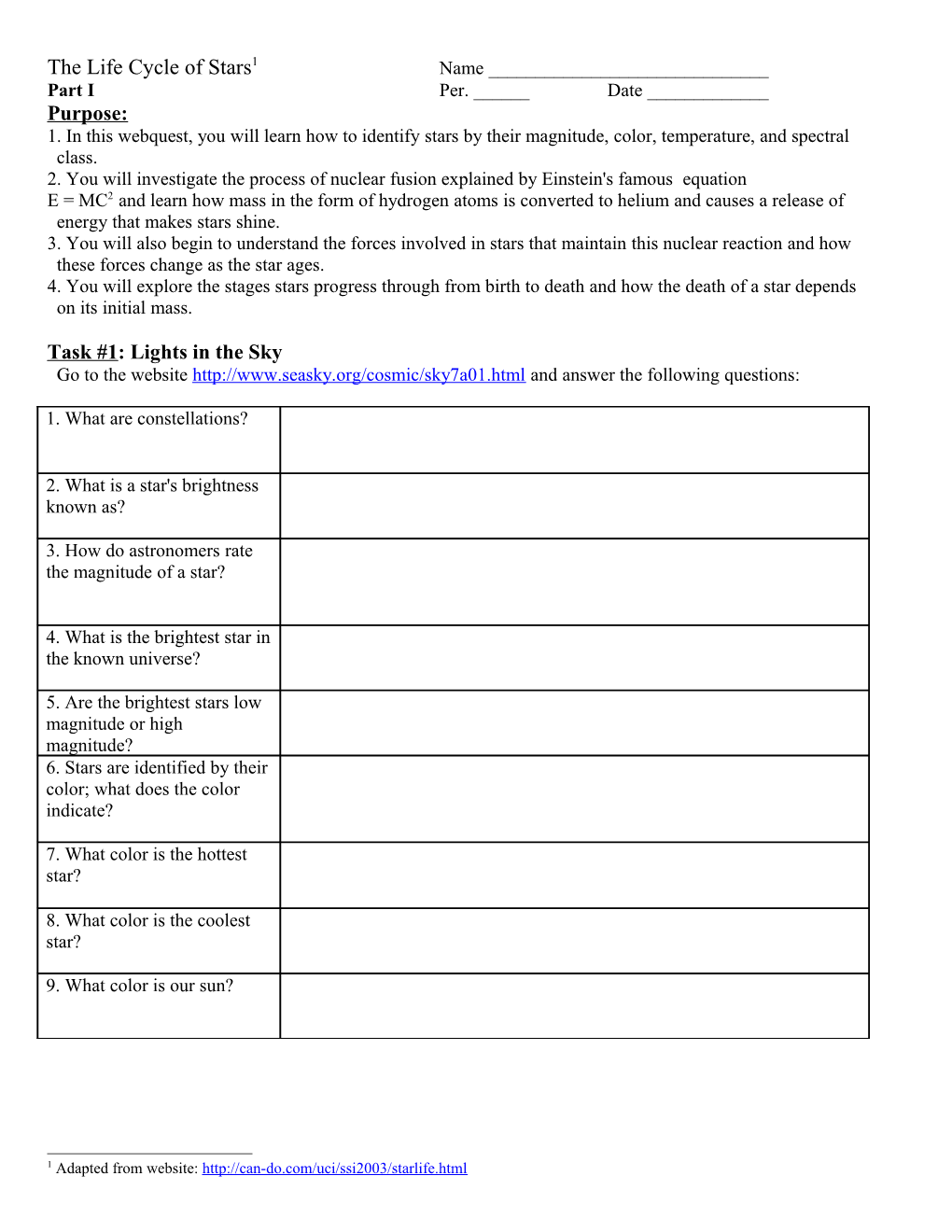 The Life Cycle of Stars Webquest