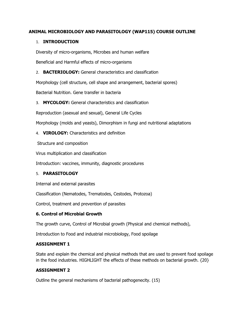 Animal Microbiology and Parasitology (Wap115) Course Outline