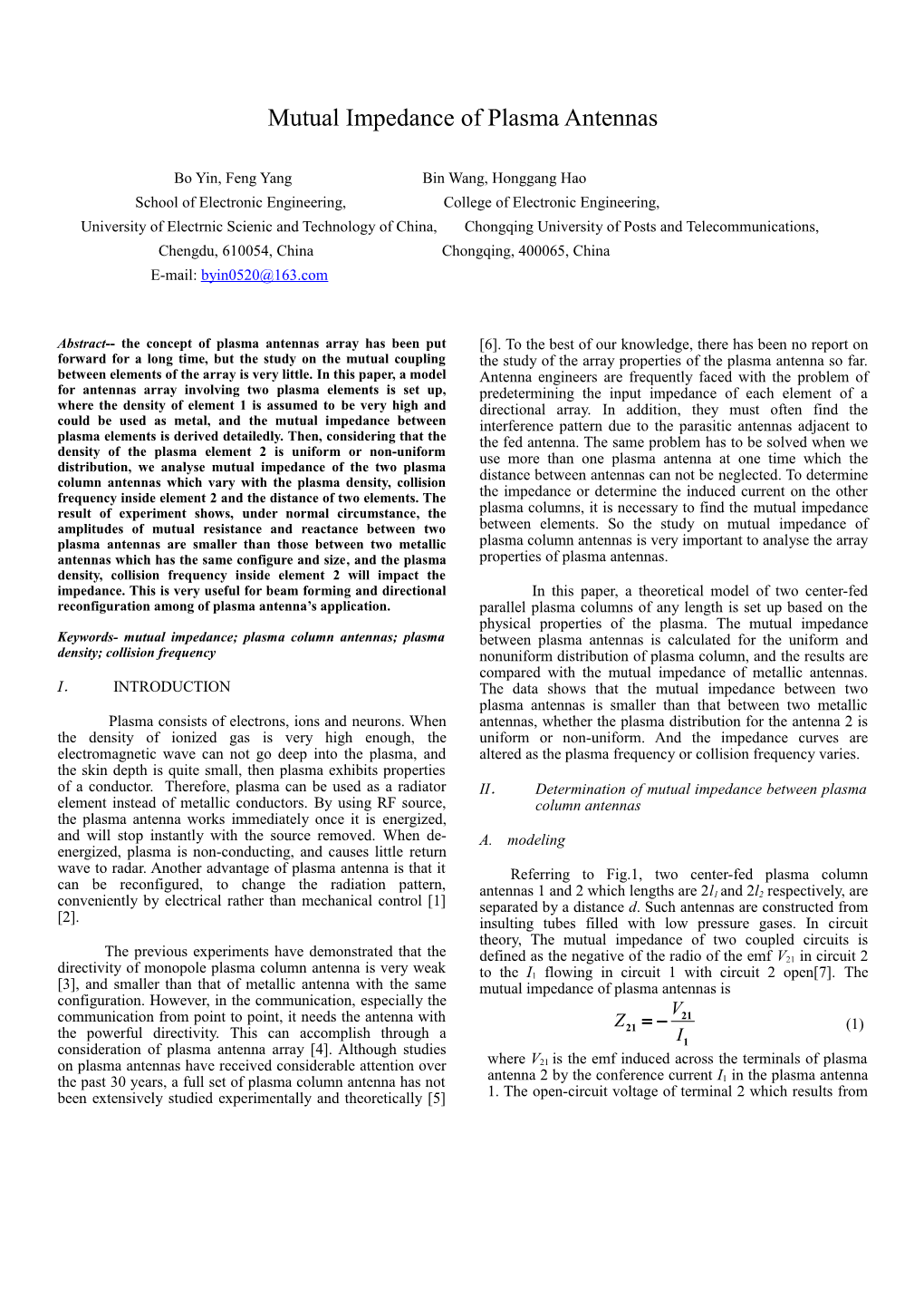 Mutual Impedance Ofplasma Antennas