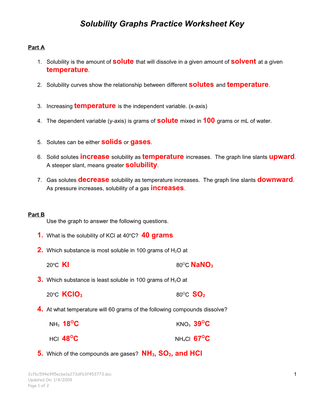 Solubility Graphs Practice Worksheet Key