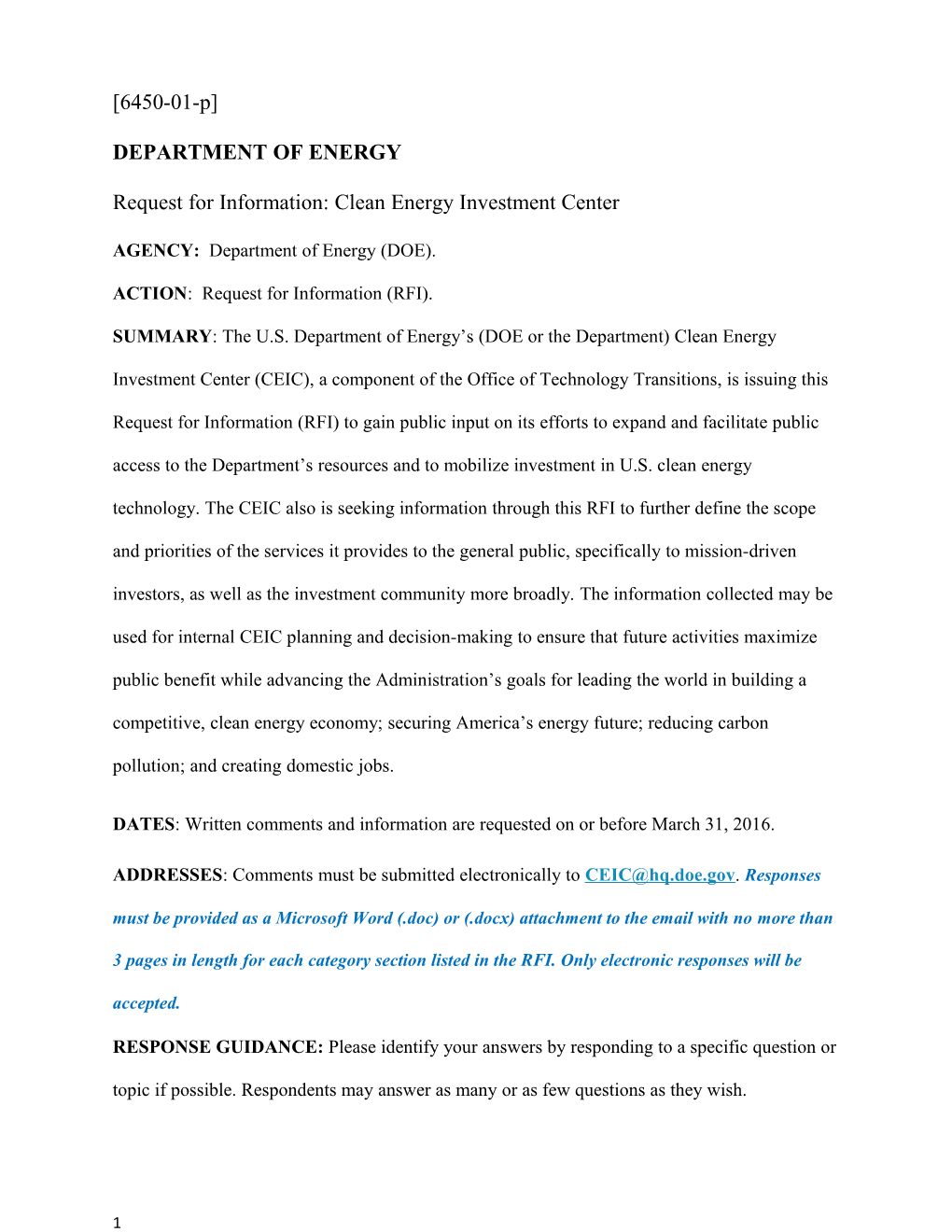 Request for Information:Clean Energy Investment Center