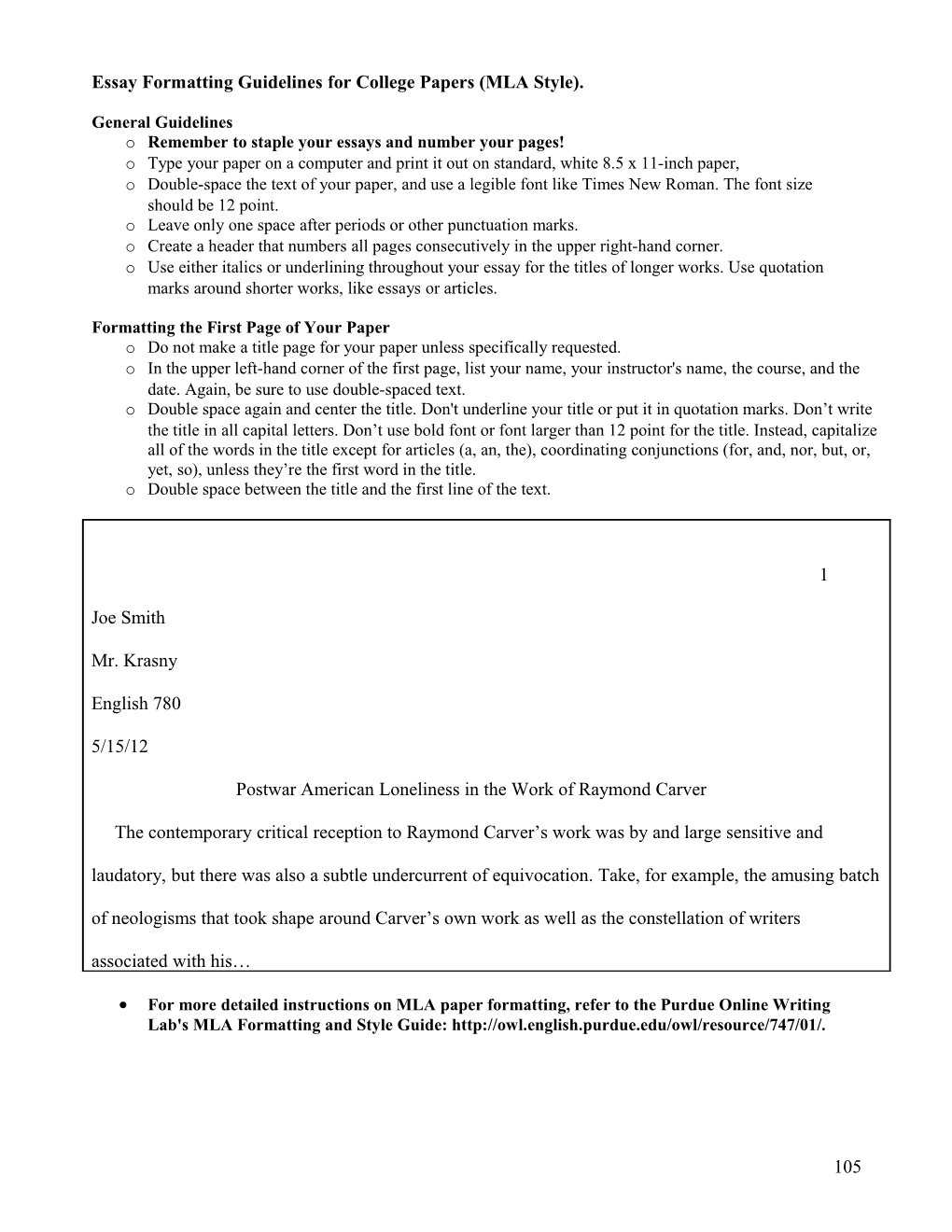 Essay Formatting Guidelines for College Papers (MLA Style)
