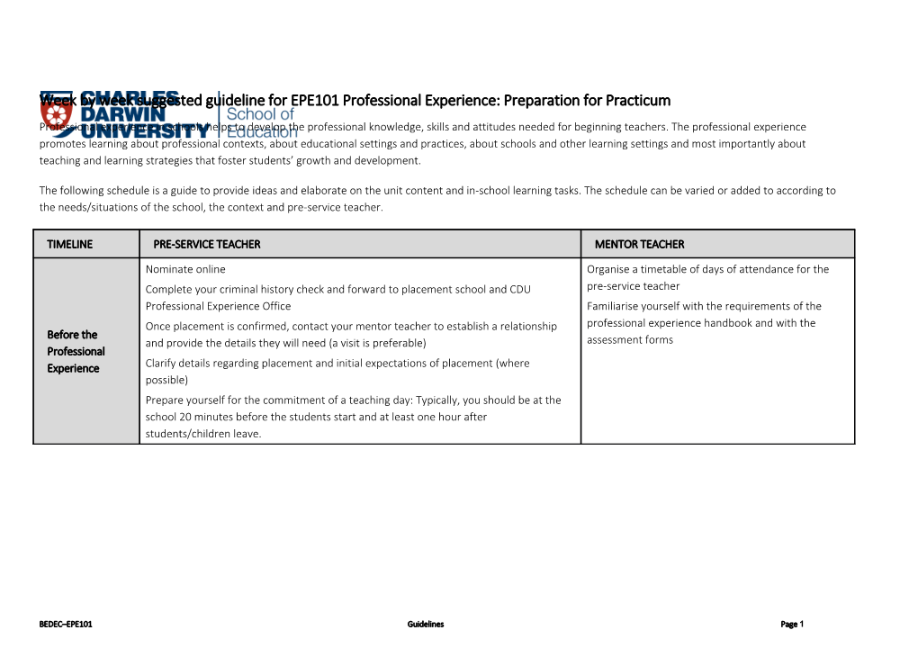 Week by Week Suggested Guideline for EPE101 Professional Experience: Preparation for Practicum
