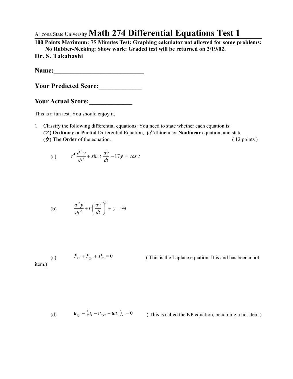 Arizona State University Math 274 Differential Equations Test 1
