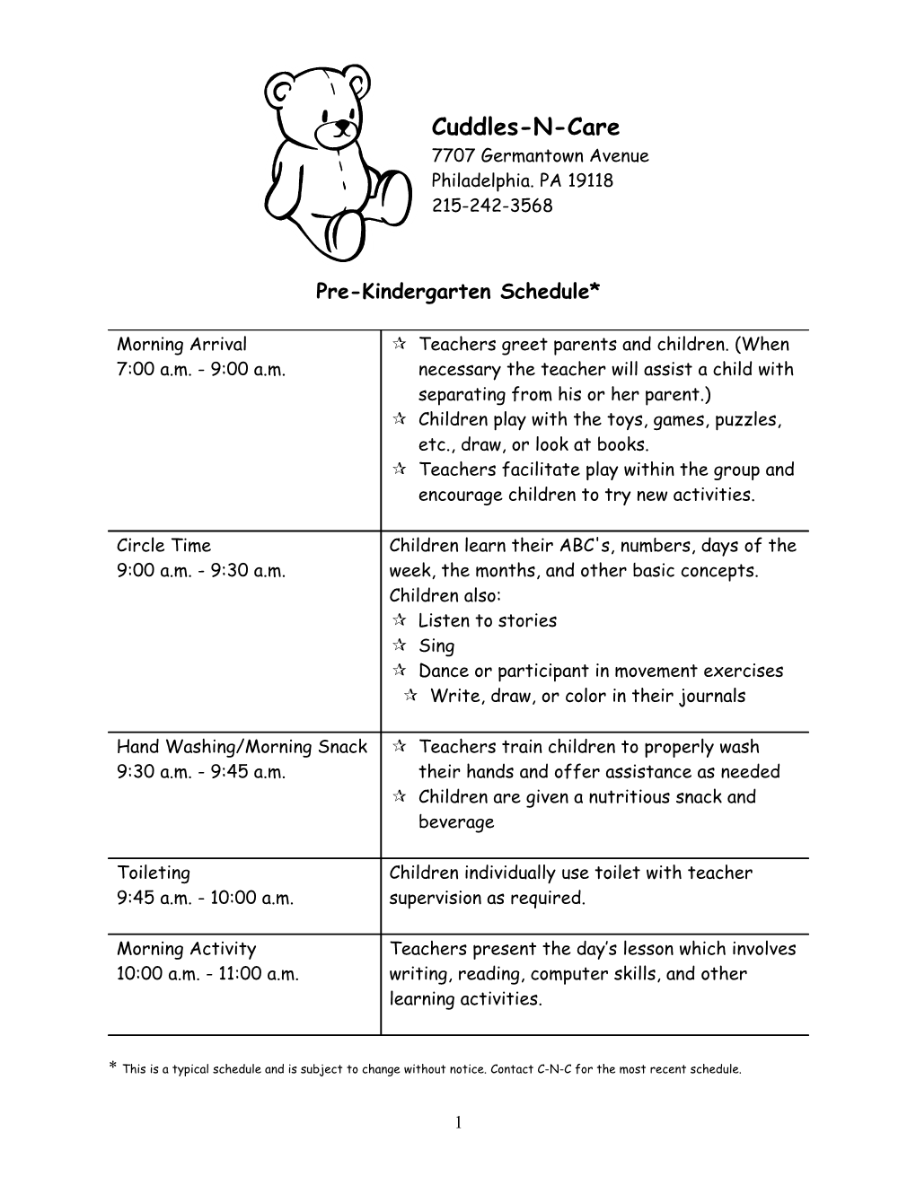 Pre-Kindergarten Schedule*
