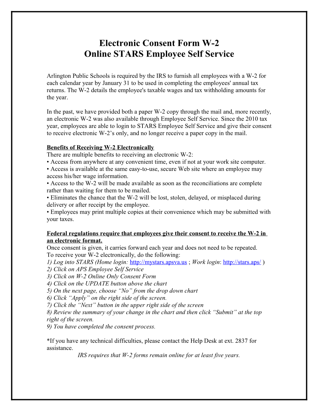 Electronic Form W-2 Online STARS Employee Self Service