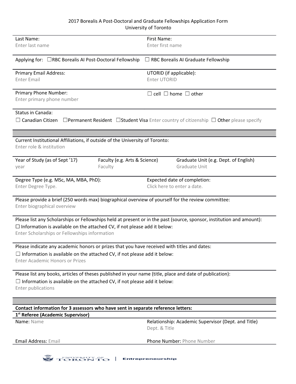 2017Borealis a Post-Doctoral and Graduate Fellowships Application Form