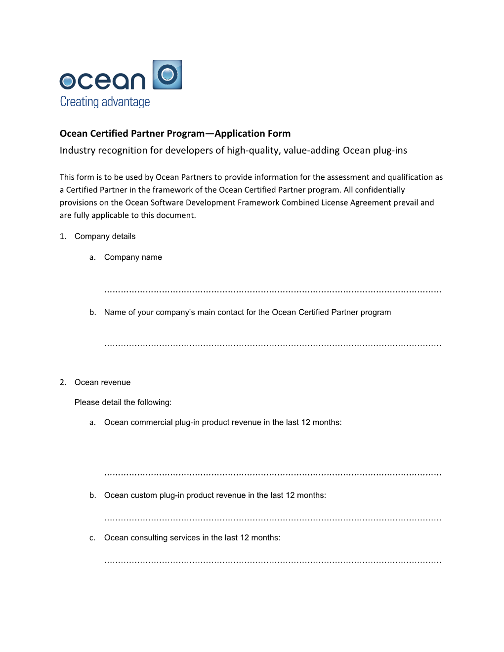 Ocean Certified Partner Program Application Form Industry Recognition for Developers Of