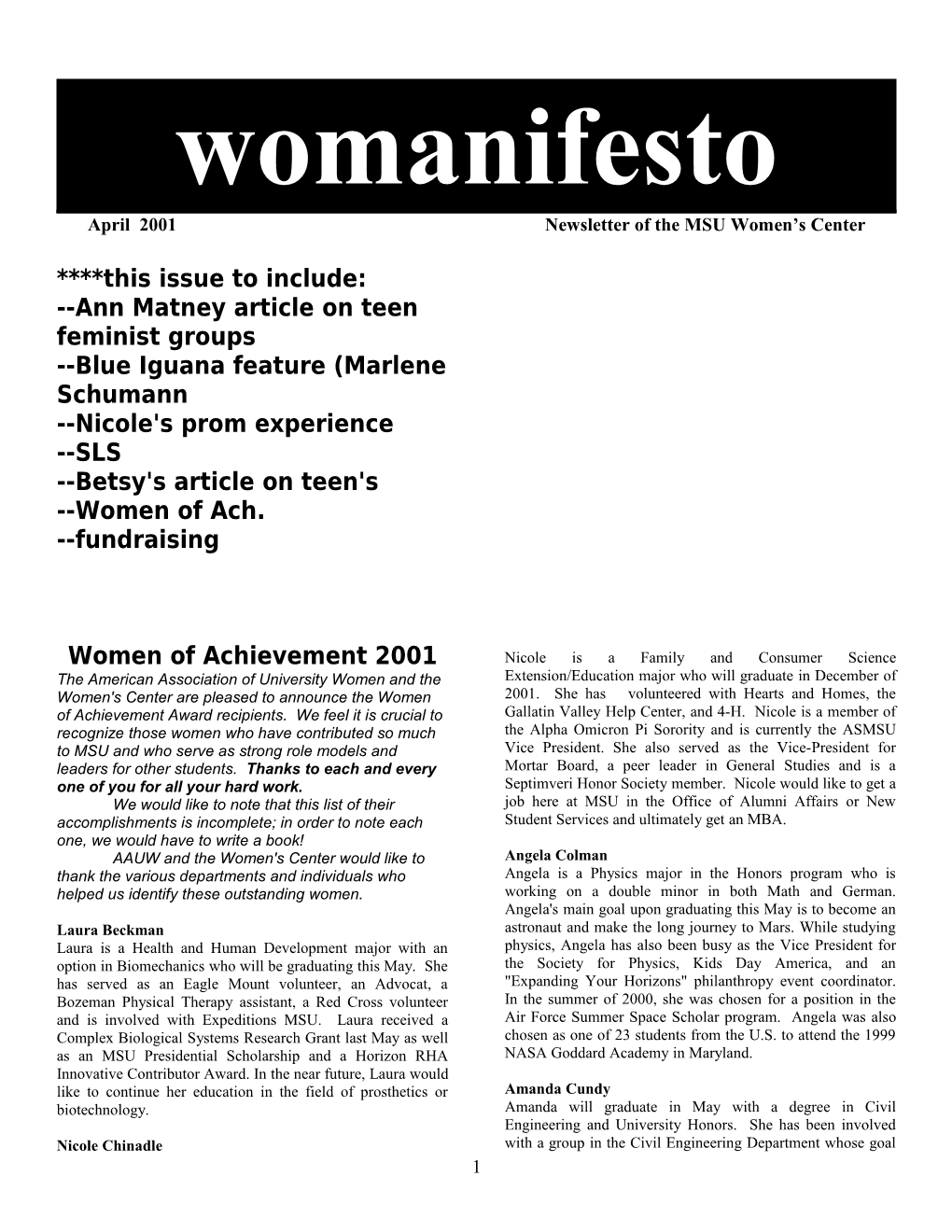 April 2001 Newsletter of the MSU Women S Center