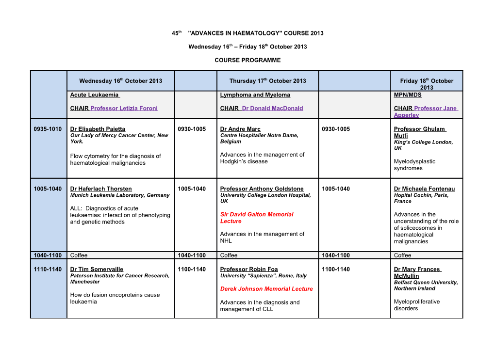 45Th ADVANCES in HAEMATOLOGY COURSE 2013